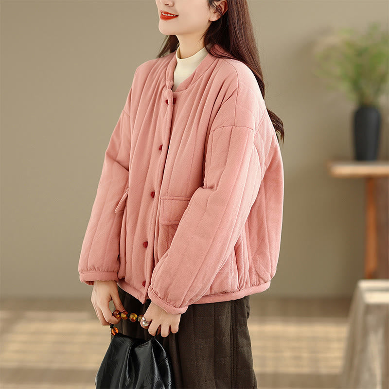 Frog-Button Striped Design Long Sleeve Thickened Cotton Women's Jacket With Pockets