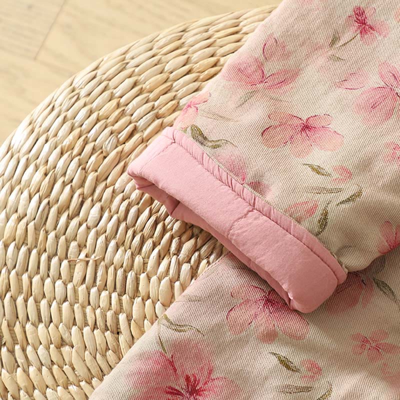 Frog-button Flower Pattern Crew Neck Thickened Cotton Long Sleeve Women's Coat