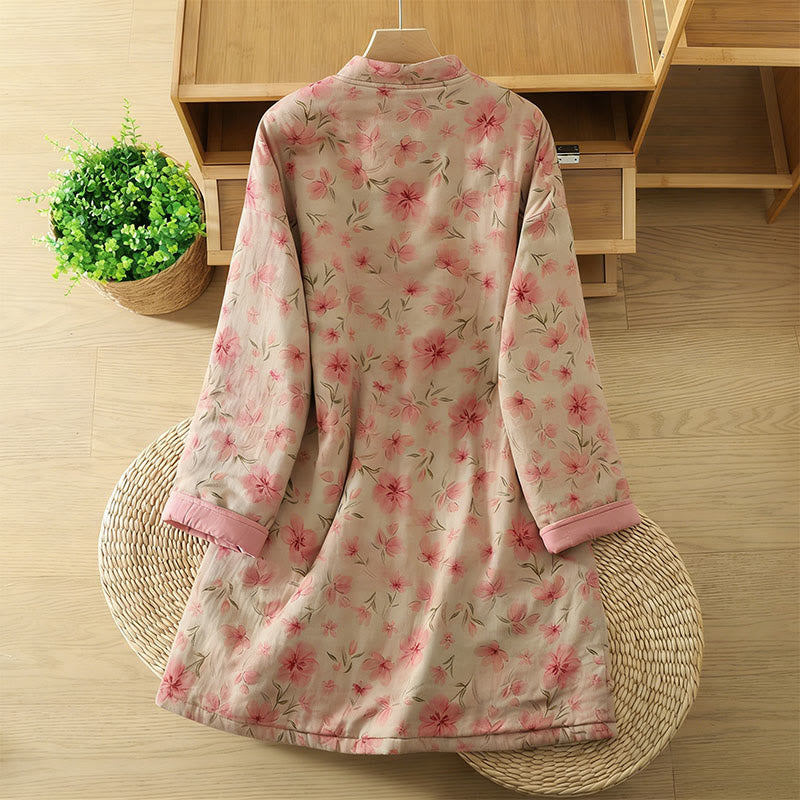 Frog-button Flower Pattern Crew Neck Thickened Cotton Long Sleeve Women's Coat