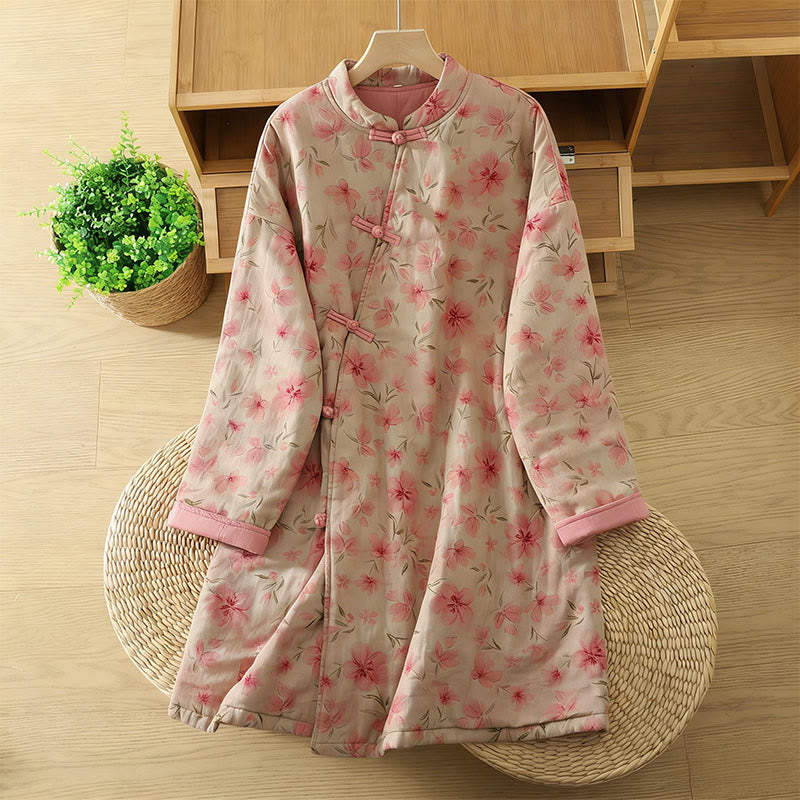 Frog-button Flower Pattern Crew Neck Thickened Cotton Long Sleeve Women's Coat
