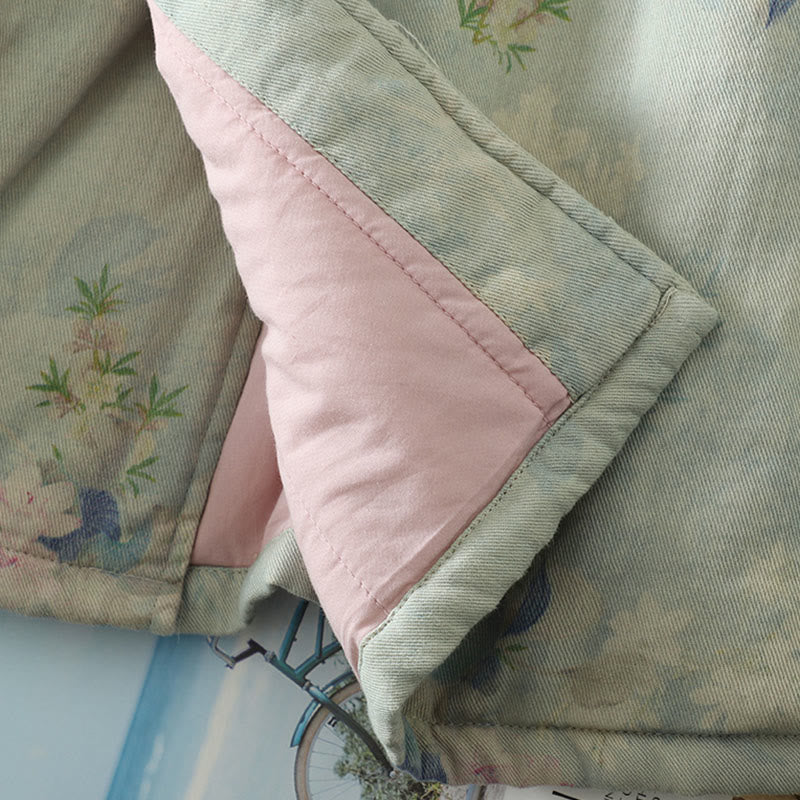 Frog-button Flower Pattern Crew Neck Thickened Cotton Long Sleeve Women's Coat