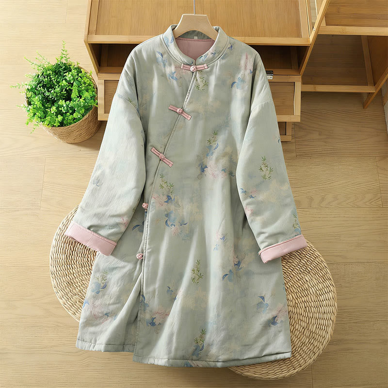 Frog-button Flower Pattern Crew Neck Thickened Cotton Long Sleeve Women's Coat