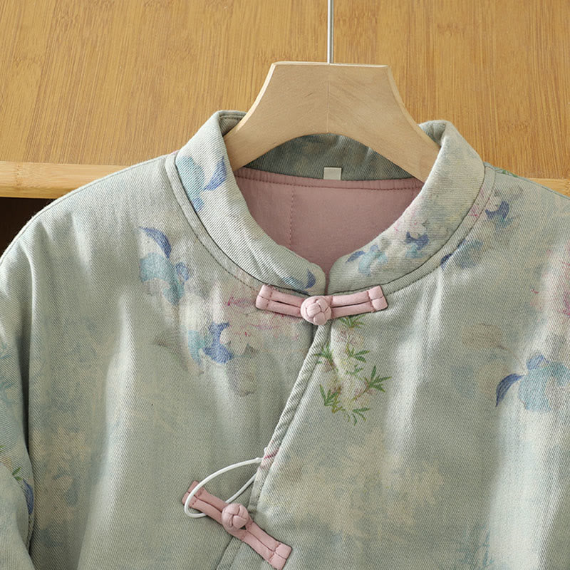 Frog-button Flower Pattern Crew Neck Thickened Cotton Long Sleeve Women's Coat