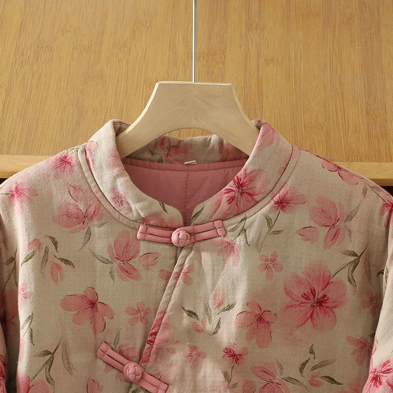 Frog-button Flower Pattern Crew Neck Thickened Cotton Long Sleeve Women's Coat