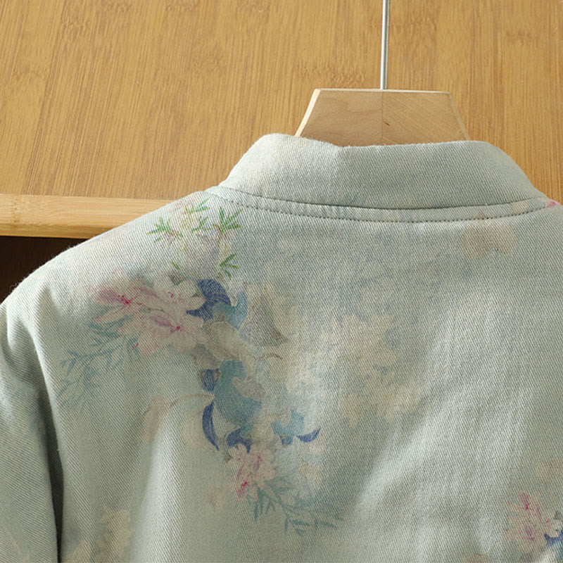 Frog-button Flower Pattern Crew Neck Thickened Cotton Long Sleeve Women's Coat