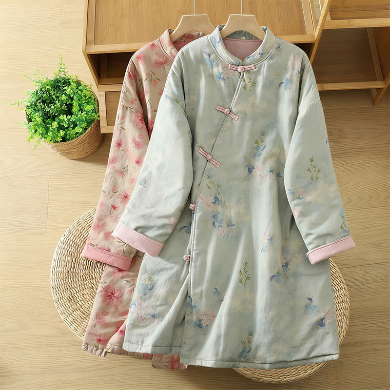 Frog-button Flower Pattern Crew Neck Thickened Cotton Long Sleeve Women's Coat