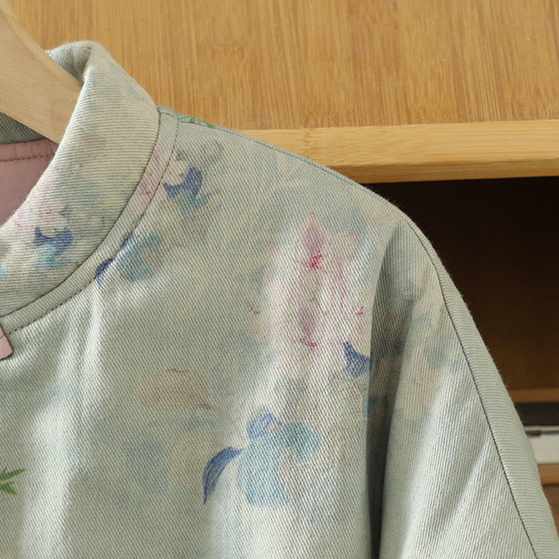 Frog-button Flower Pattern Crew Neck Thickened Cotton Long Sleeve Women's Coat