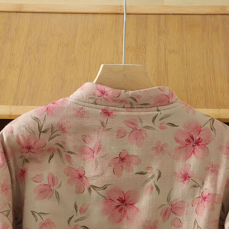 Frog-button Flower Pattern Crew Neck Thickened Cotton Long Sleeve Women's Coat