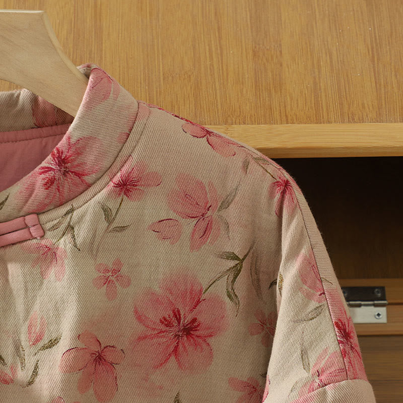 Frog-button Flower Pattern Crew Neck Thickened Cotton Long Sleeve Women's Coat
