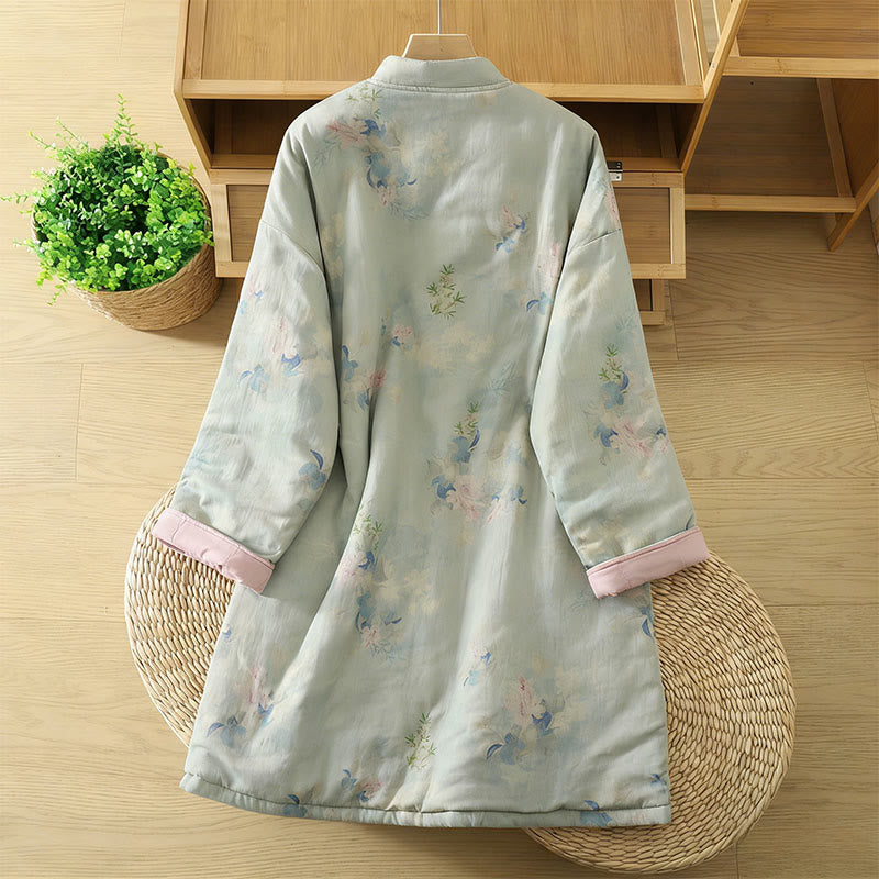 Frog-button Flower Pattern Crew Neck Thickened Cotton Long Sleeve Women's Coat