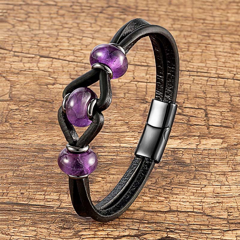 Amethyst Crystal Stone Double Leather Relieves Stress Round Bracelet