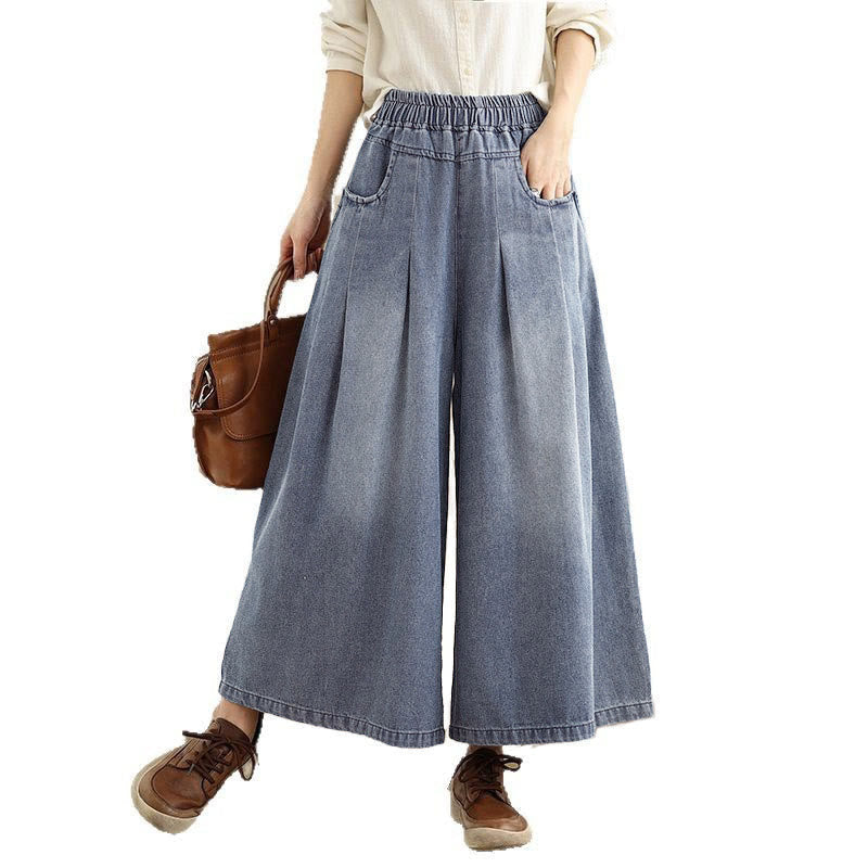 Fall Vintage Distressed Design High Waist Women's Wide Leg Pants With Pockets