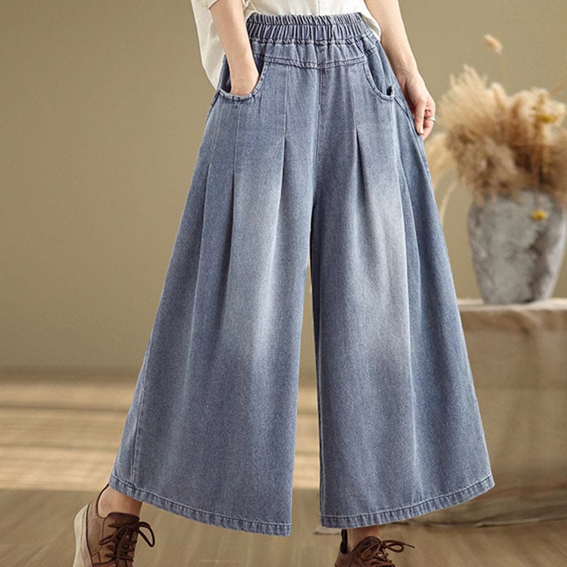 Fall Vintage Distressed Design High Waist Women's Wide Leg Pants With Pockets