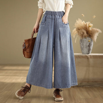 Fall Vintage Distressed Design High Waist Women's Wide Leg Pants With Pockets