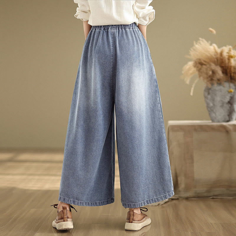 Fall Vintage Distressed Design High Waist Women's Wide Leg Pants With Pockets