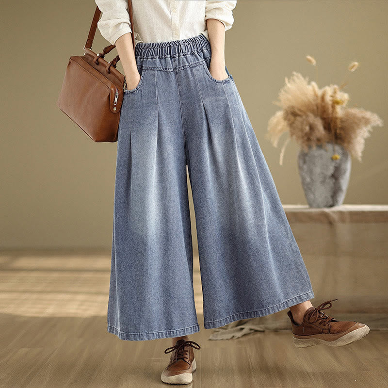 Fall Vintage Distressed Design High Waist Women's Wide Leg Pants With Pockets