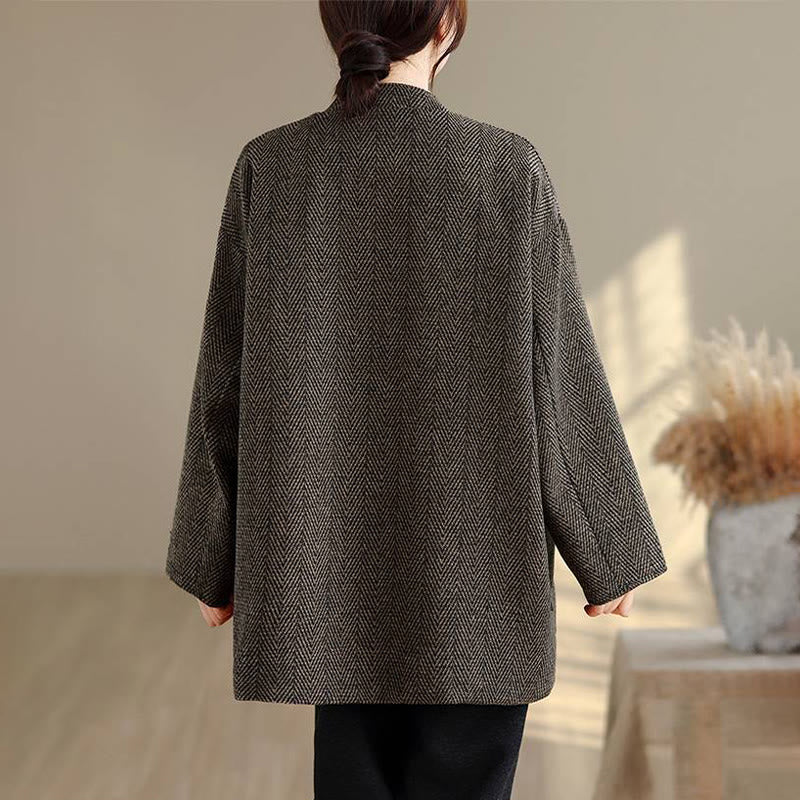 Stripe V-Neck Cotton Long Sleeve Women's Coat With Pockets