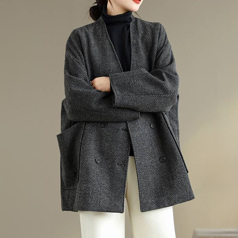 Stripe V-Neck Cotton Long Sleeve Women's Coat With Pockets