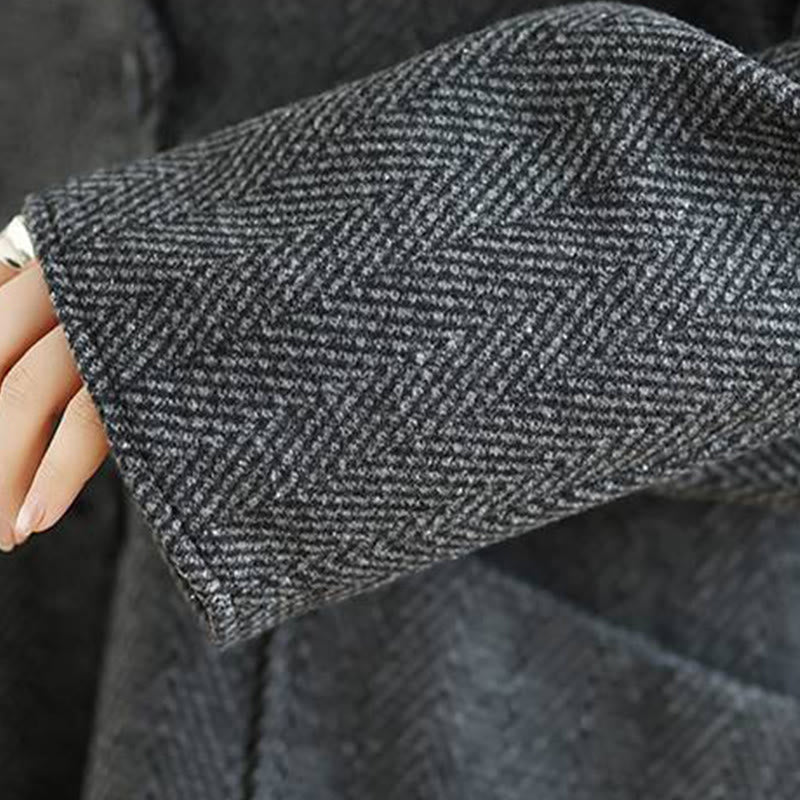 Stripe V-Neck Cotton Long Sleeve Women's Coat With Pockets
