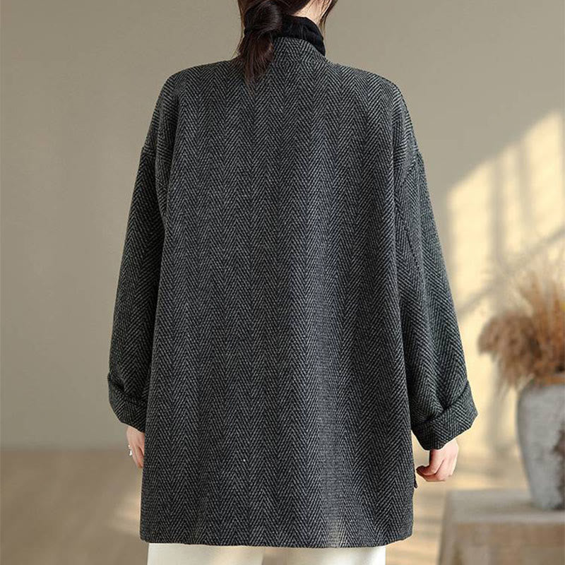 Stripe V-Neck Cotton Long Sleeve Women's Coat With Pockets