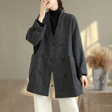 Stripe V-Neck Cotton Long Sleeve Women's Coat With Pockets