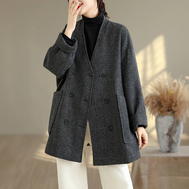Stripe V-Neck Cotton Long Sleeve Women's Coat With Pockets