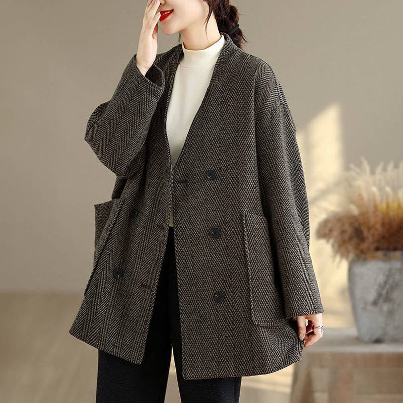 Stripe V-Neck Cotton Long Sleeve Women's Coat With Pockets