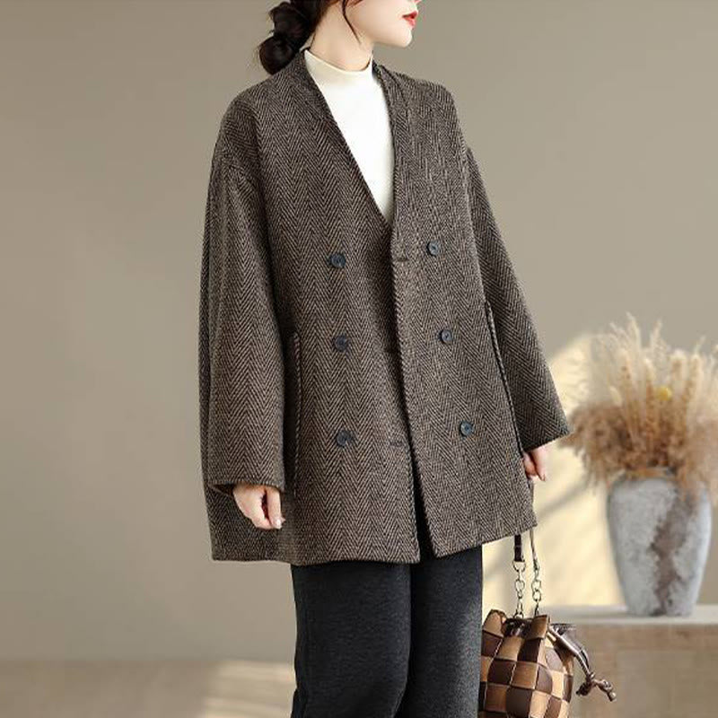 Stripe V-Neck Cotton Long Sleeve Women's Coat With Pockets