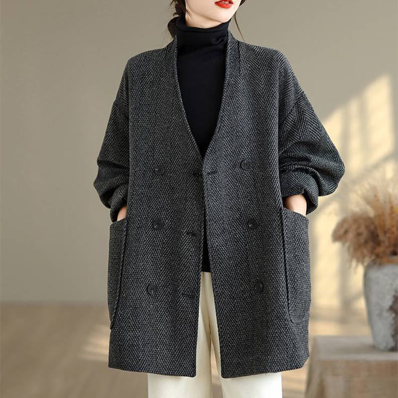 Stripe V-Neck Cotton Long Sleeve Women's Coat With Pockets