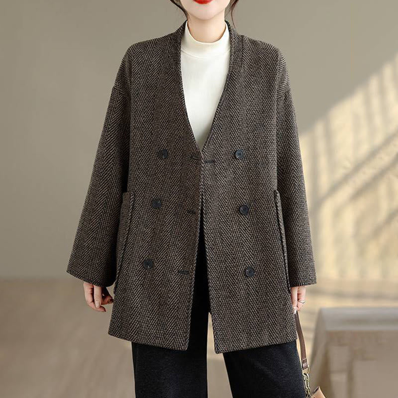 Stripe V-Neck Cotton Long Sleeve Women's Coat With Pockets