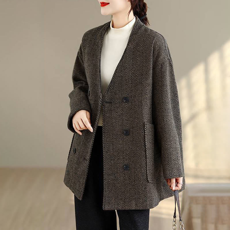 Stripe V-Neck Cotton Long Sleeve Women's Coat With Pockets