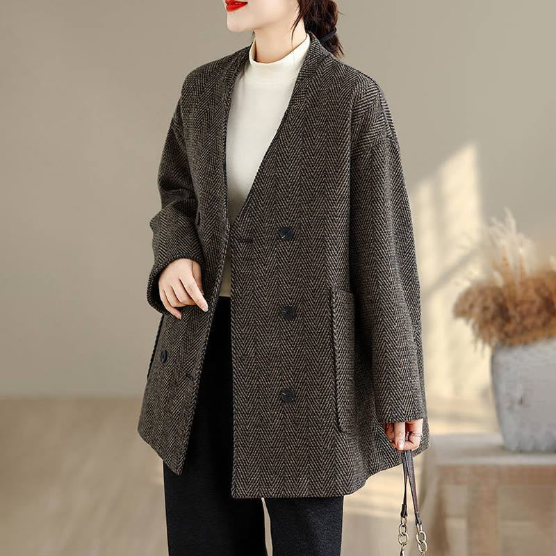 Stripe V-Neck Cotton Long Sleeve Women's Coat With Pockets