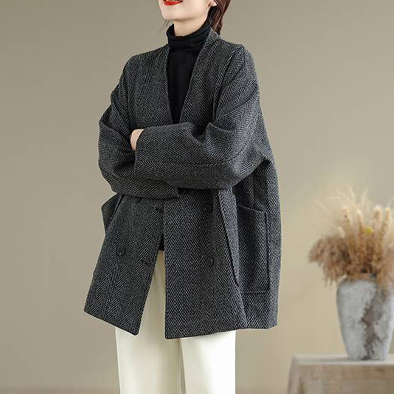 Stripe V-Neck Cotton Long Sleeve Women's Coat With Pockets