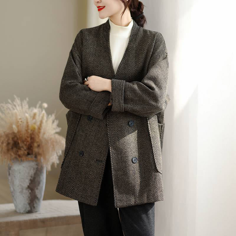Stripe V-Neck Cotton Long Sleeve Women's Coat With Pockets