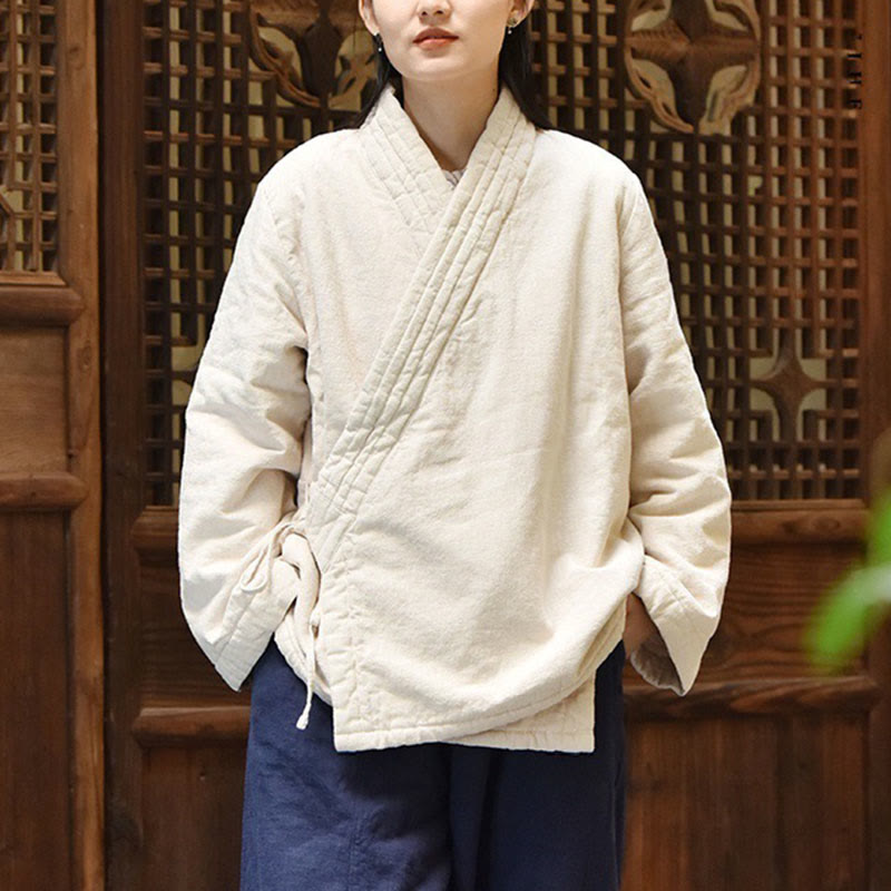 Slanted Collar Plain Long Sleeve Thickened Cotton Women's Jacket