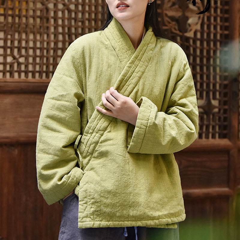 Slanted Collar Plain Long Sleeve Thickened Cotton Women's Jacket