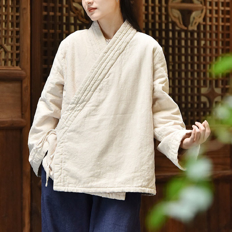 Slanted Collar Plain Long Sleeve Thickened Cotton Women's Jacket