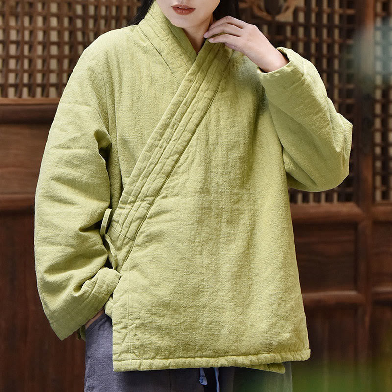 Slanted Collar Plain Long Sleeve Thickened Cotton Women's Jacket