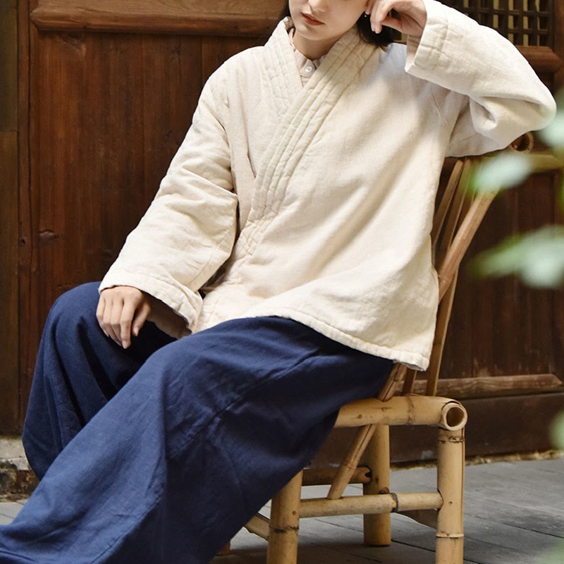 Slanted Collar Plain Long Sleeve Thickened Cotton Women's Jacket