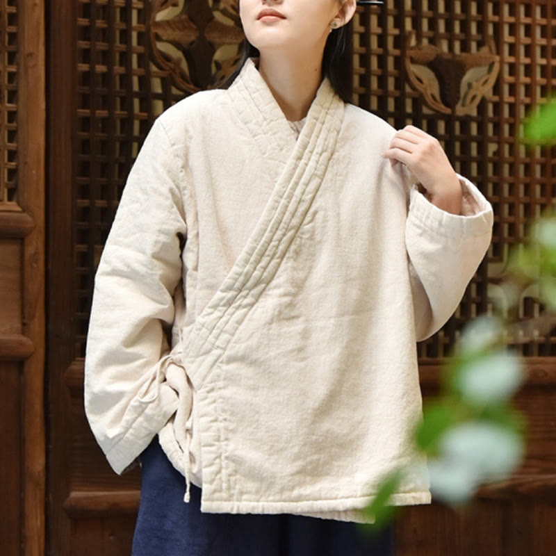 Slanted Collar Plain Long Sleeve Thickened Cotton Women's Jacket