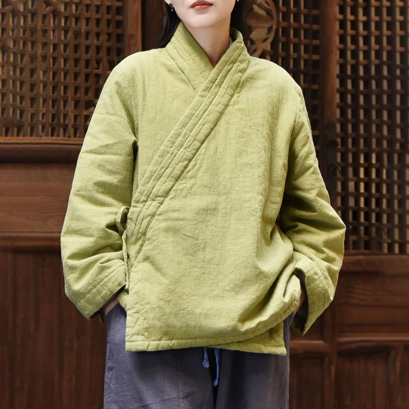 Slanted Collar Plain Long Sleeve Thickened Cotton Women's Jacket
