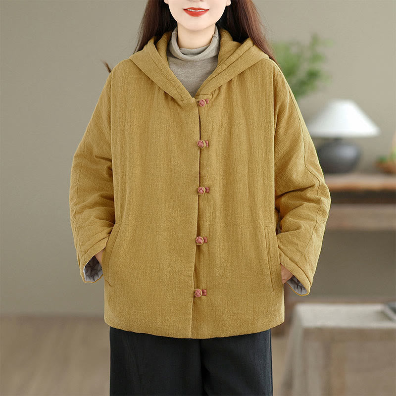 Frog-button Plain Long Sleeve Thickened Cotton Women's Jacket With Pockets Hood
