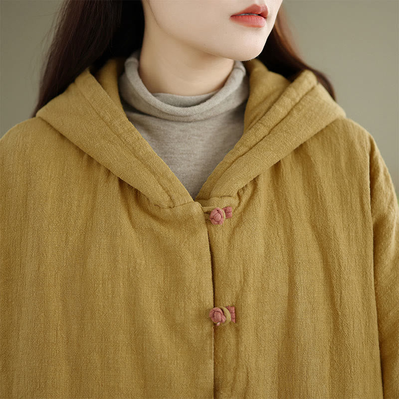 Frog-button Plain Long Sleeve Thickened Cotton Women's Jacket With Pockets Hood