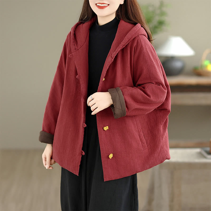 Frog-button Plain Long Sleeve Thickened Cotton Women's Jacket With Pockets Hood