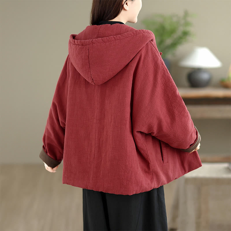 Frog-button Plain Long Sleeve Thickened Cotton Women's Jacket With Pockets Hood