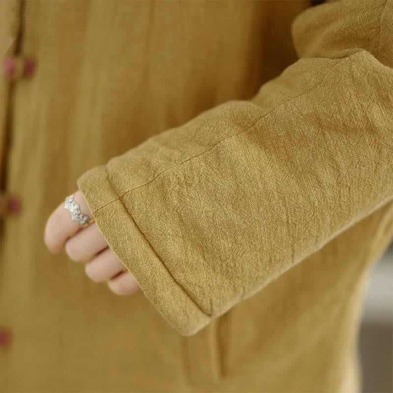 Frog-button Plain Long Sleeve Thickened Cotton Women's Jacket With Pockets Hood