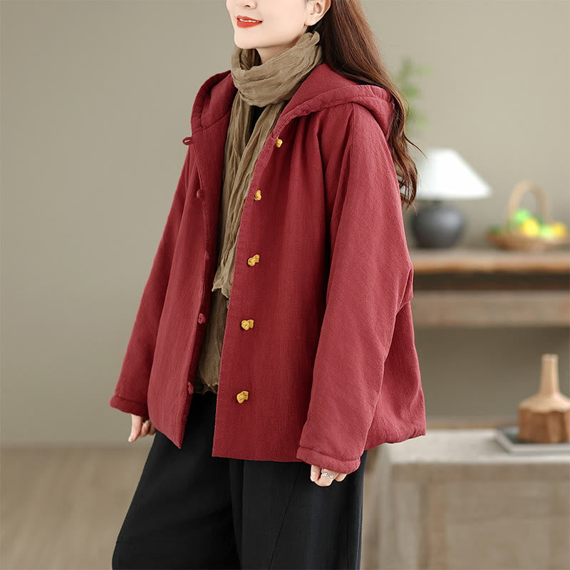 Frog-button Plain Long Sleeve Thickened Cotton Women's Jacket With Pockets Hood
