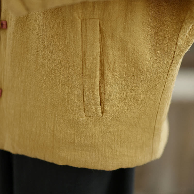 Frog-button Plain Long Sleeve Thickened Cotton Women's Jacket With Pockets Hood