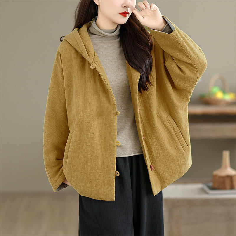 Frog-button Plain Long Sleeve Thickened Cotton Women's Jacket With Pockets Hood