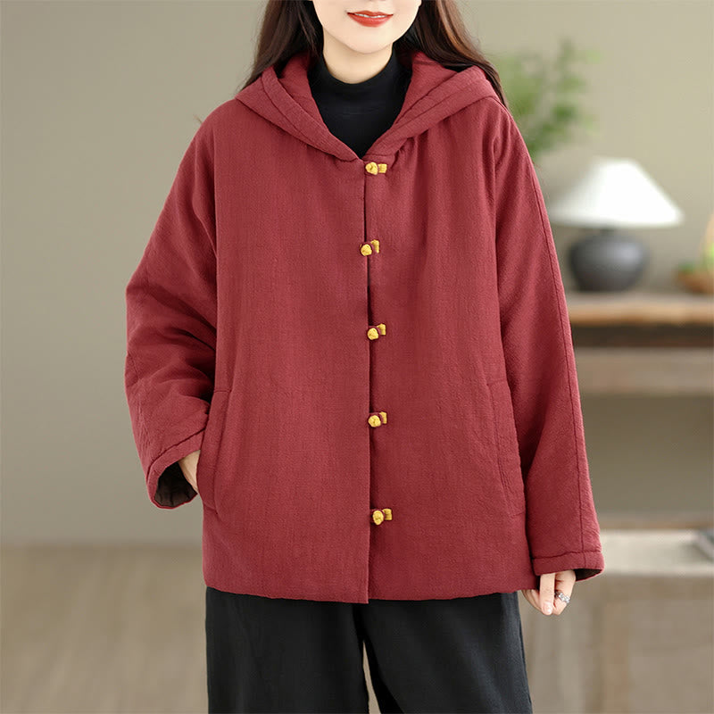 Frog-button Plain Long Sleeve Thickened Cotton Women's Jacket With Pockets Hood